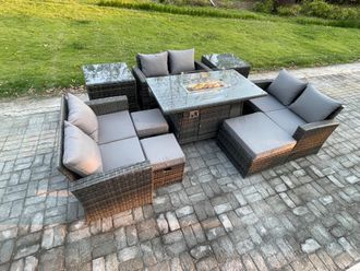 Fimous High Back Rattan Garden Furniture Sofa Set with Outdoor Furniture Gas Firepit Dining Table Set Dark Grey Mixed