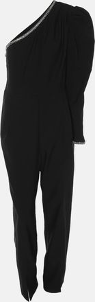 Self Portrait Black Stretch Crepe Crystal Embellished One Shoulder Jumpsuit