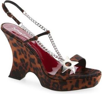 Jeffrey Campbell Hottie Slingback Wedge Satin Sandal in Tan Cheetah Satin/Silver at Nordstrom, Size 5.5