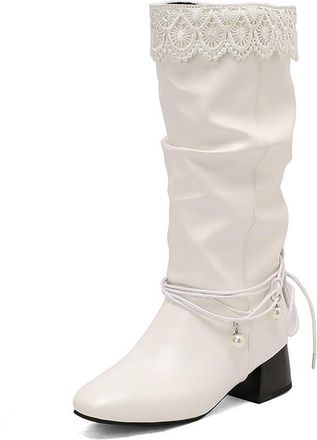 Generic Womens Fashion Lace Patchwork Knee High Boots Comfort Round Toe Block Heel Pull On Winter Shoes for Party Daily Wear (5.5,White)