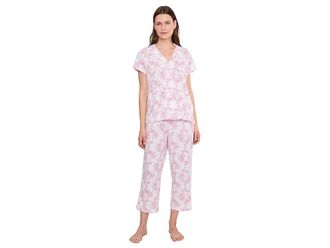 Lauren Ralph Lauren Knit Short Sleeve Notch Collar Cropped Pants Pajama Set Womens Pajama Sets White Ground Pink Floral : LG (US 12-14)