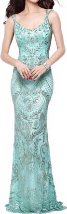 Primavera Beaded Long Evening Dress In Aqua