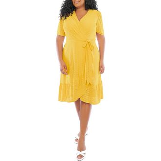 London Times Embroidered Ruffle Wrap Dress in Yellow at Nordstrom Rack, Size 16W