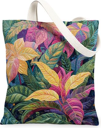 Generic Spring Coleus Flower Canvas Tote Bag for Shopping 13x15, Quilled Style Florals Reusable Grocery Print Bag for Women, Cool Aesthetic Beach Aesthetic Pa