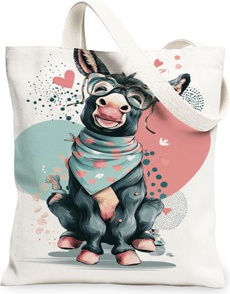 Generic Playful Animal Canvas Tote Bags, Cute Donkey Design Reusable Grocery Bags, Vintage Lightweight Washable Shoulder Strap Canv, White, 13x15 Inch