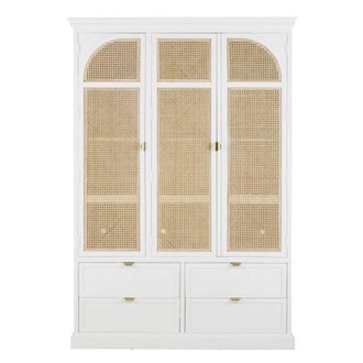 Maisons du monde Armario con 3 puertas y 4 cajones en blanco y rejilla de ratán 140 cm