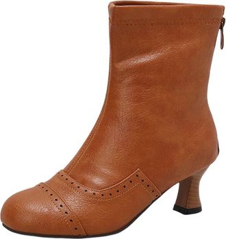 Generic Yellow Womens Round Toe Ankle Boots with Zipper High Heel Style for Winter Casual Outfits Pu Leather Comfortable and Versatile