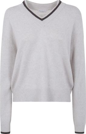 Brunello Cucinelli V-neck Truien - Dames - Cashmere truien - Beige - L - Truien & Vesten