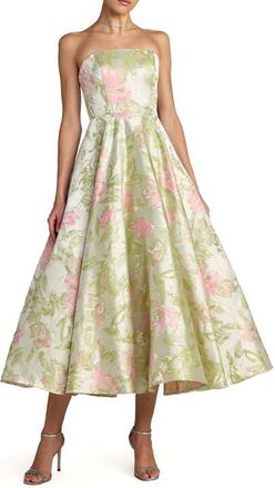 Mac Duggal Floral Strapless A-Line Midi Dress in Sage Multi at Nordstrom, Size 12