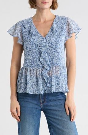 Melrose and Market Flutter Sleeve Chiffon Peplum Top in Blue Frances Ditsy at Nordstrom Rack, Size Xx-Small