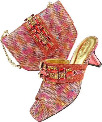 Generic Square Toe Women Heels Bigger Size Rhinestone Decoration Brown Shoes and Bag Set Party Bag