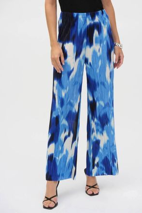 Joseph Ribkoff Pleated Novelty Tropical Print Wide Leg Pants In Blue/vanilla