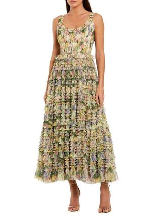 Mac Duggal Floral Printed Tiered Ruffle Smocked Midi Dress in Yellow Multi at Nordstrom, Size 10