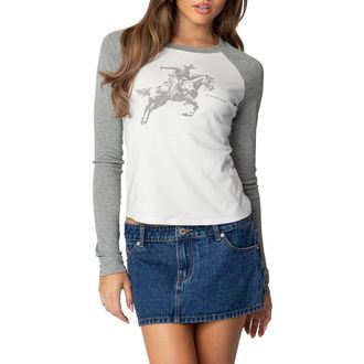 Edikted Cowboy Graphic Baseball T-Shirt in Gray-And-White at Nordstrom, Size X-Small