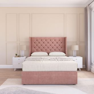 Sloomy Dior Wing Bed Set No Drawers With Ortho Sprung Mattress & 54 Floor standing Headboard Plush Velvet in Pink | Size: Small Single