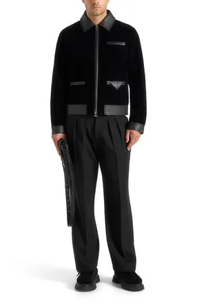 Mani&egrave;re De Voir Tony Velvet & Leather Contrast Jacket in Black at Nordstrom, Size Medium