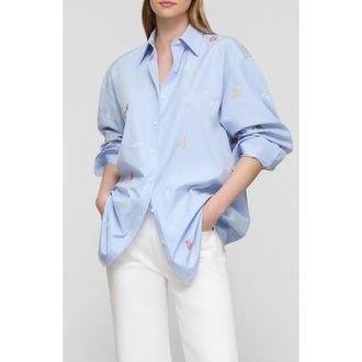 Lafayette 148 New York Oversize Stripe Emrboidered Poplin Button-Up Shirt in Skyline Blue Multi at Nordstrom, Size X-Small