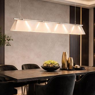 ETC Shop Lampada A Sospensione Lampada Da Tavolo Da Pranzo In Vetro, Lampada Da Soggiorno, Acciaio Nichel Opaco, Trasparente Satinato, 7x G9, Lxh 95x110 Cm