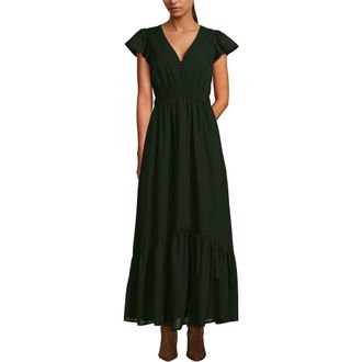 Lands End Vneck Flutter Sleeve Maxi Dress in Dark Green at Nordstrom, Size X-Small