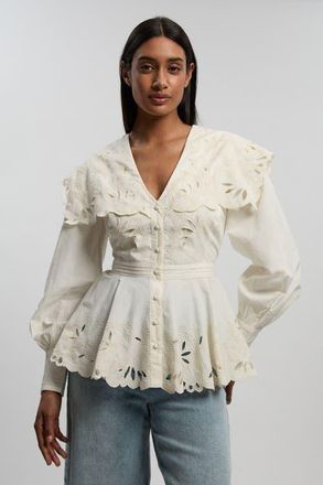 Karen Millen Cutwork Detail V-Neck Peplum Blouse in Ivory at Nordstrom, Size 12