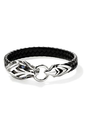 John Hardy Naga Bracelet, Leather, Sterling Silver, Blue Sapphire, 10mm at Nordstrom, Size Xx-Large
