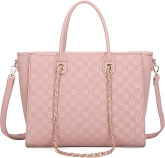 Generic Womens Tote Bag, Beige Checkered Pattern, Chain Strap Detail, Shoulder Bag with Crossbody Strap (Pink)