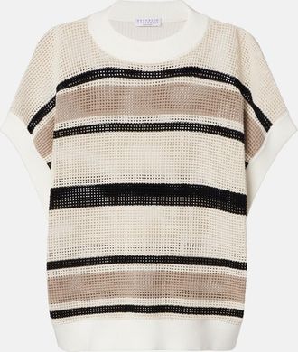 Brunello Cucinelli Open-knit striped cotton top