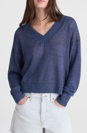 Madewell Arline Linen V-Neck Pullover in Petrol Navy at Nordstrom, Size Xx-Large