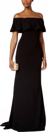 Adrianna Papell Ruffled Off The Shoulder Gown In Black