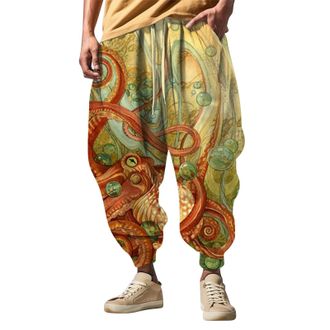 Generic Trousers For Elastic Waist Harem,Mens Lounge Pants Cuffed Bottoms Octopus Print Polyester Male Casual Pants Reinforced Seams Comfortable Lightweight F