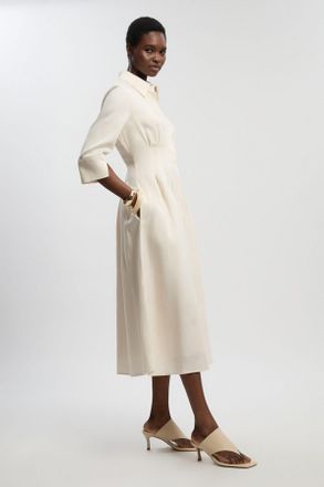 Karen Millen Womens Petite Tailored Linen Darted Waist Midi Dress - White Lyocell - Size 14 UK