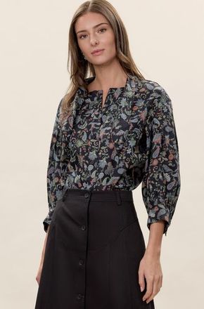 Rebecca Taylor Aurelia Stretch Linen Top in Navy Multi at Nordstrom, Size X-Small