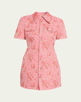 Willy Chavarria Chavela Metallic Floral Cloqu&eacute; Mini Shirtdress
