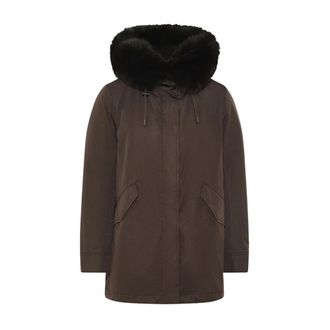 Yves Salomon Parka Cotone Melange Doppia Pelliccia - - Coats - Donna - Marrone - S