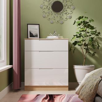 Lewis's Milan 3 Drawer Deep Chest in White Gloss & Bardolino Oak - Ready Assembled - Lewiss Home | TJ Hughes