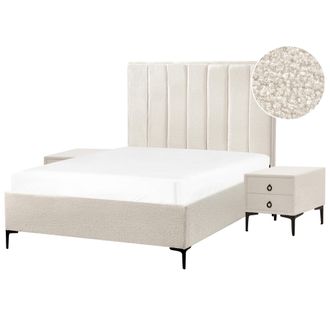 Beliani Conjunto De Dormitorio Cama 140 X 200 Cm Y 2 Mesitas De Noche Boucl&eacute; Blanco Crema Sezanne