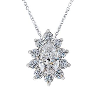 Pompeii3 1/2Ct Pear Shape Halo Lab Grown Diamond Pendant Necklace in White or Yellow Gold