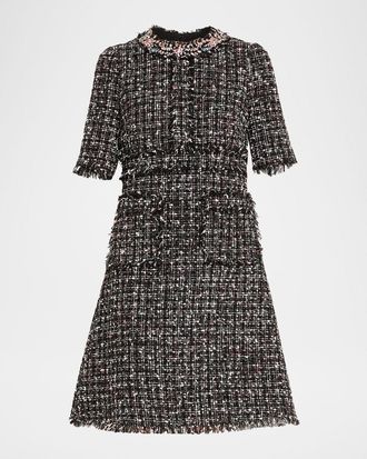Teri Jon Crystal-Trim Fringed Tweed Dress