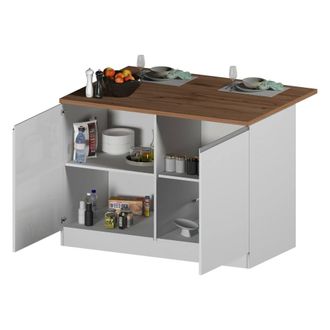 Dmora Isla De Cocina Emmanuel, Mesa Auxiliar De Almacenaje, Mueble De Cocina Con 2 Puertas, 100% Made In Italy, 125x90h90 Cm, Blanco Brillo Y Roble, Con Emb
