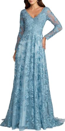 Mac Duggal Embellished Illusion Long Sleeve V Neck Gown in French Blue at Nordstrom, Size 18