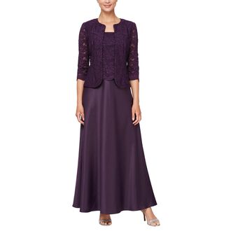 Alex Evenings Womens Long Mock Jacket Dress with Satin Skirt, Aubergine, 20