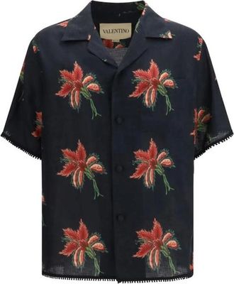 Valentino Linnen Overhemd met Patroon en Klassiek Design - Heren - Korte mouwen Overhemden - Zwart - XL - Linnen - Overhemden