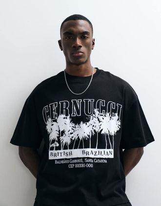 Cernucci T-shirt squadrata oversize 100% cotone nera con palme e logo sul davanti-Nero