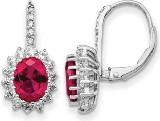 Diamond2Deal Sterling Silver Rhodium-plated Lab Created Ruby and White CZ Oval Halo Drop Earrings