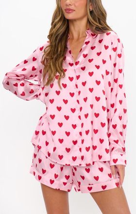 Show me your Mumu Early Riser PJ Set in Pink Queen Of Hearts Silky at Nordstrom, Size X-Small