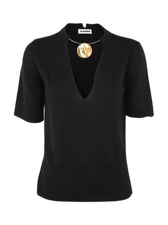 Jil Sander Crew Neck Short Sleeve Knit With Integrated Jewel Necklace