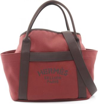 Herm&egrave;s Bordeaux Brown Chocolat Canvas Toile Chevron Leather Tote Bag (Pre-Owned)
