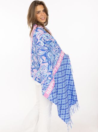 Zwillingsherz Schal ZWILLINGSHERZ Grafischer Paisley, Damen, royalblau, Web, Obermaterial: 100% Polyester, Modet&uuml;cher Schal, Mustermix, Schriftzug und Fransen