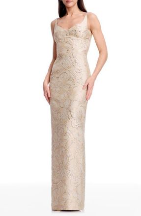 Dress The Population Elijah Seamed Jacquard Column Gown in Champagne at Nordstrom, Size Xx-Large