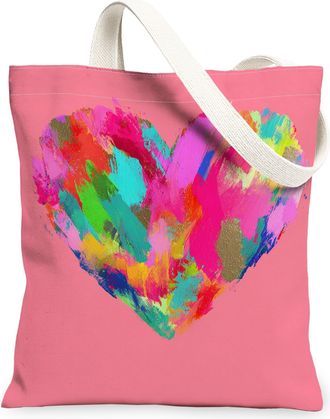 Generic Heart Pattern Canvas Tote Bags, Colorful Art Design Reusable Grocery Bags, Spring Lightweight Washable Shoulder Strap, Peach, 13x15 Inch